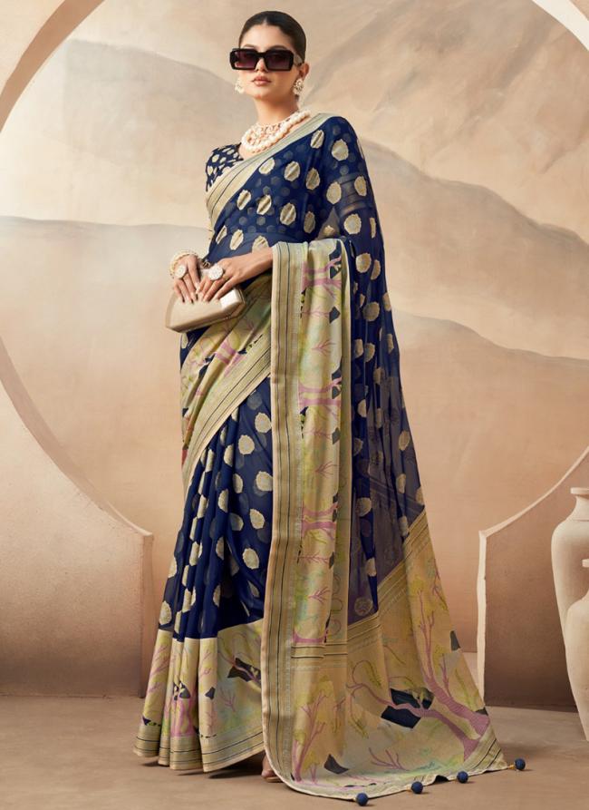 Georgette Navy Blue Ceremonial Wear Weaving  Saree